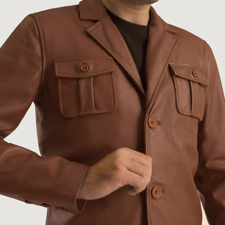 Mens Ray Cutler Brown Leather Blazer Close-Up-9-1701088976412